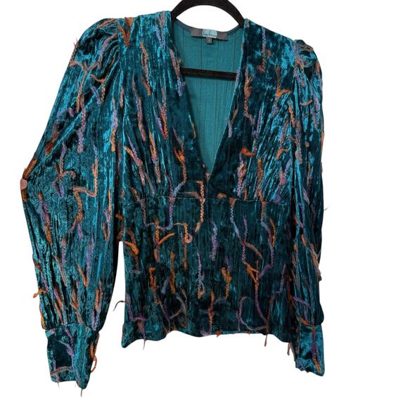 Eva Franco blue velvet textured‎ v neck blouse long sleeve - Picture 3 of 6